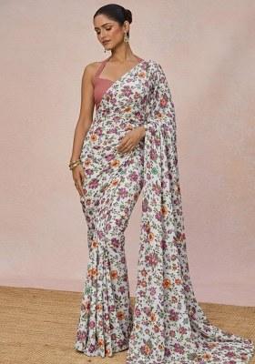 Ivory Floral Print Crepe Pre Draped Saree Set