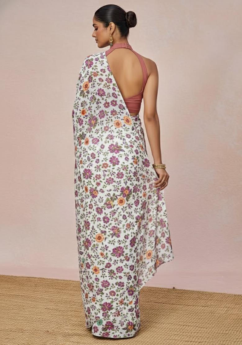 Ivory Floral Print Crepe Pre Draped Saree Set - Indya