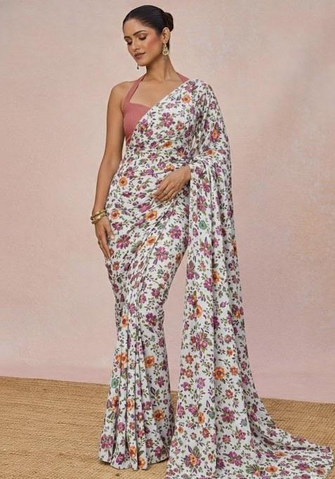 Ivory Floral Print Crepe Pre Draped Saree Set