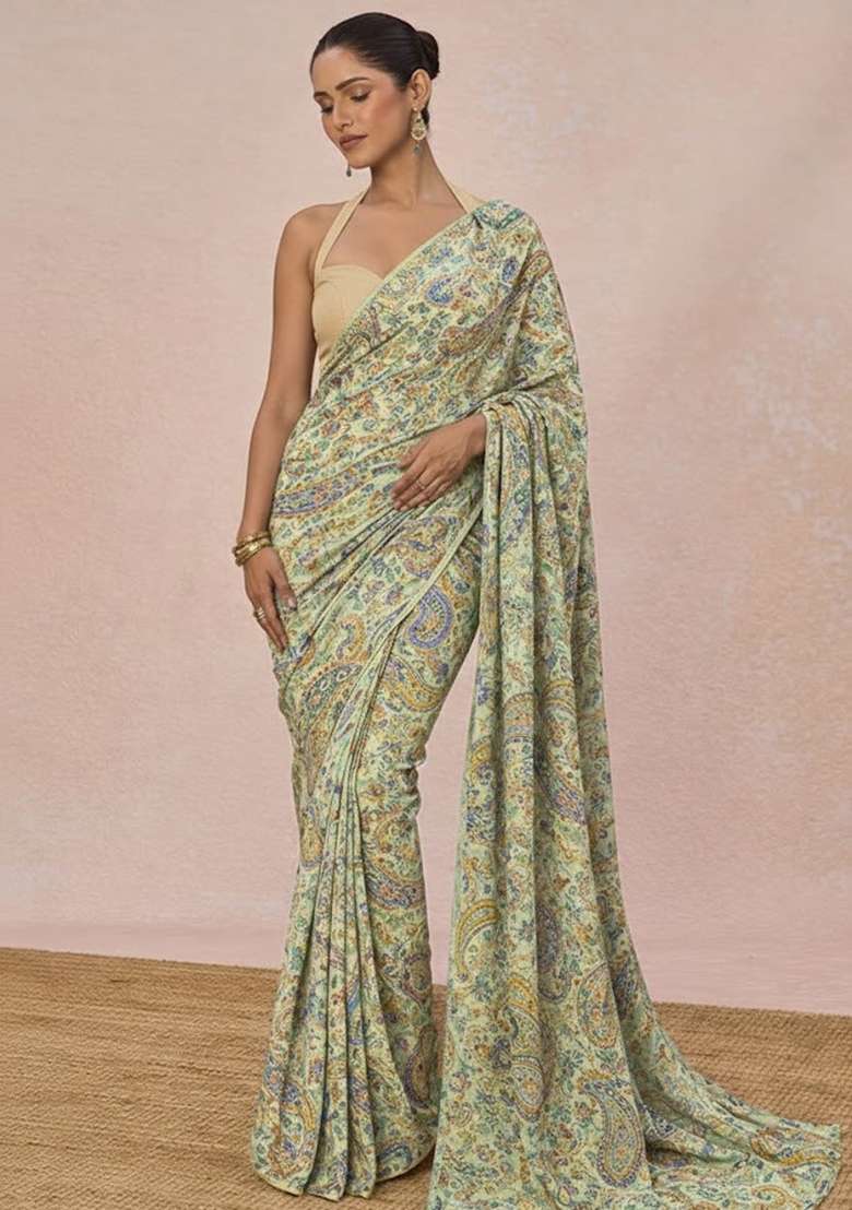 Pastel Green Paisely Print Crepe Pre Draped Saree Set - Indya