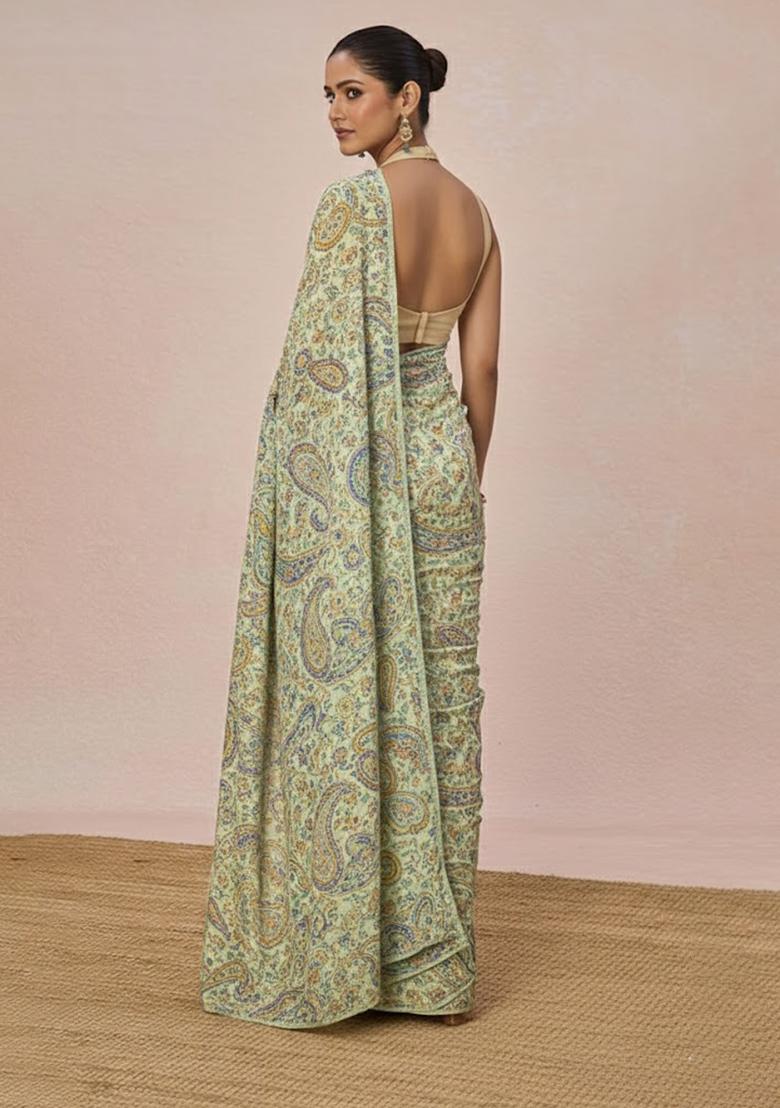 Pastel Green Paisely Print Crepe Pre Draped Saree Set - Indya