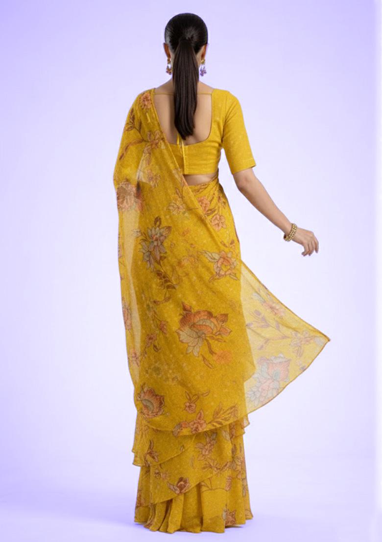 Yellow Floral Print Tissue Pre Draped Saree Set - Indya