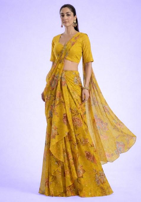 Yellow Floral Print Tissue Pre Draped Saree Set