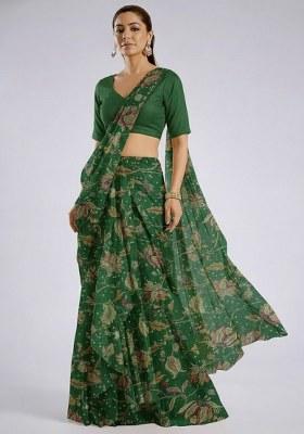 Dark Green Floral Print Tissue Pre Draped Saree Set