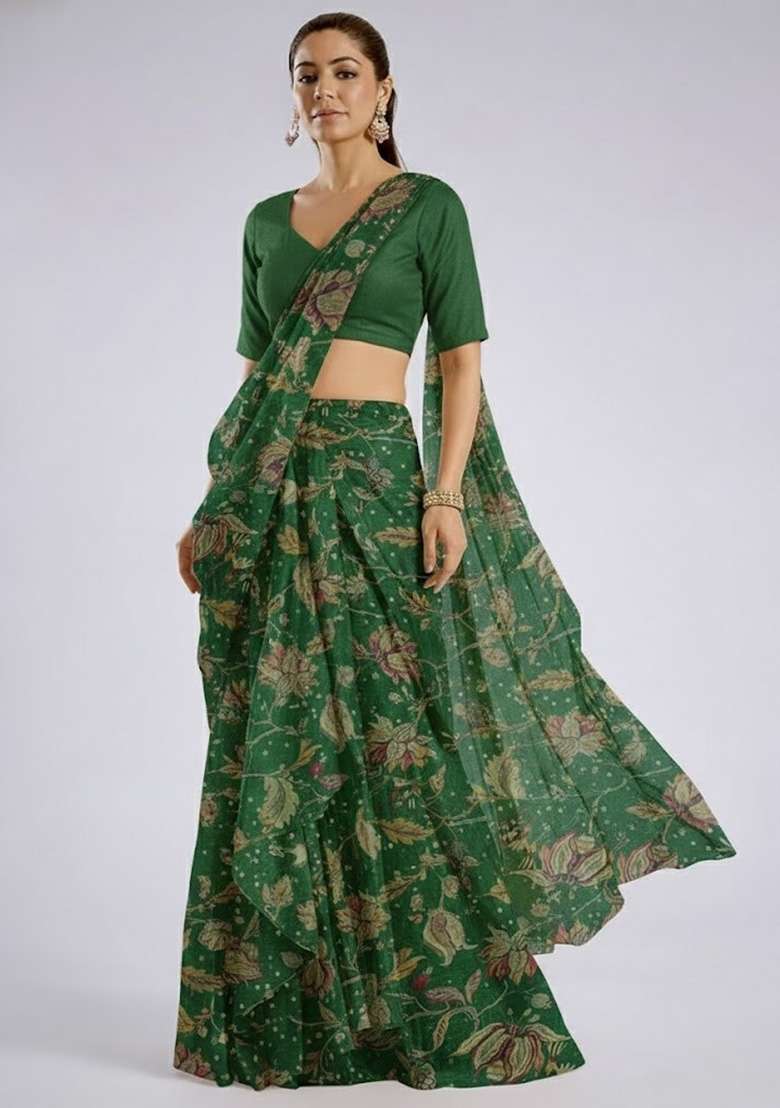 Dark Green Floral Print Tissue Pre Draped Saree Set - Indya