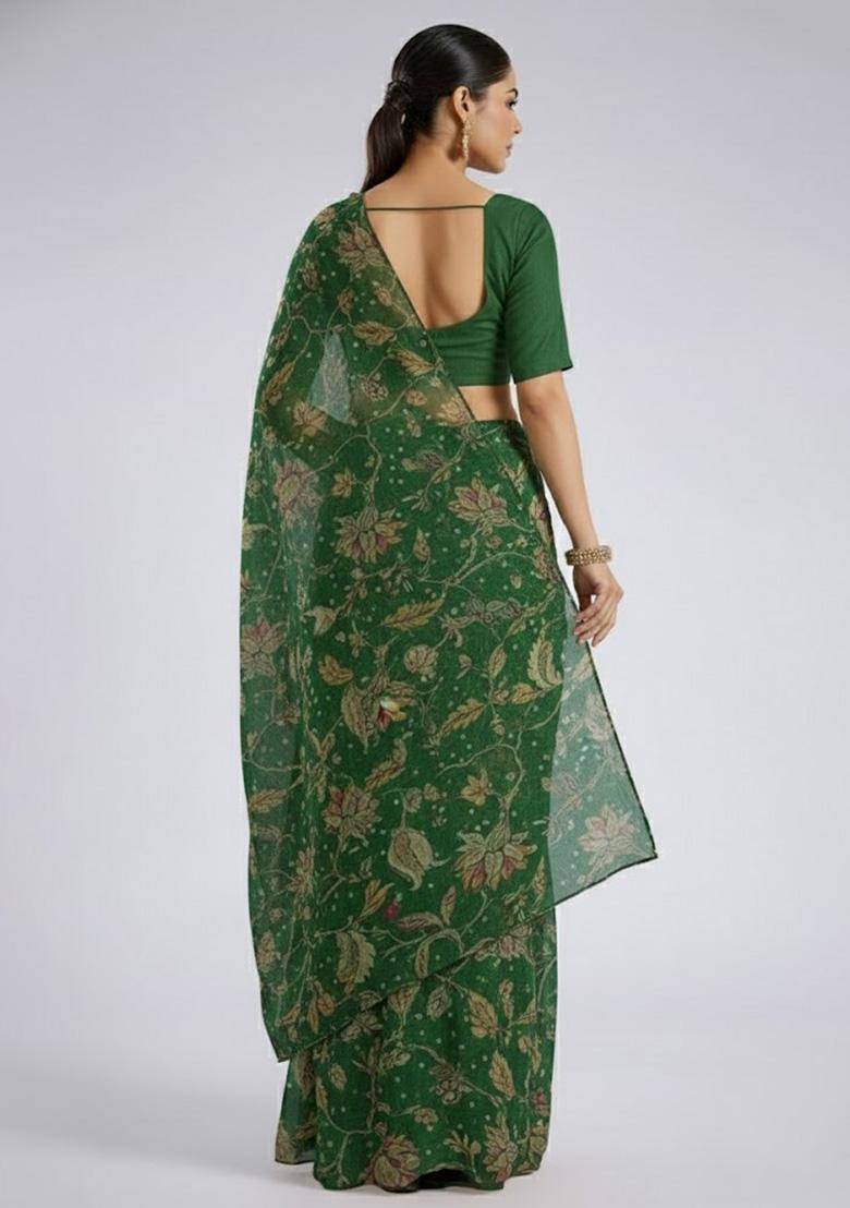 Dark Green Floral Print Tissue Pre Draped Saree Set - Indya