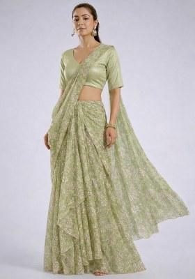 Sage Green Embroidered Tissue Pre Draped Saree Set