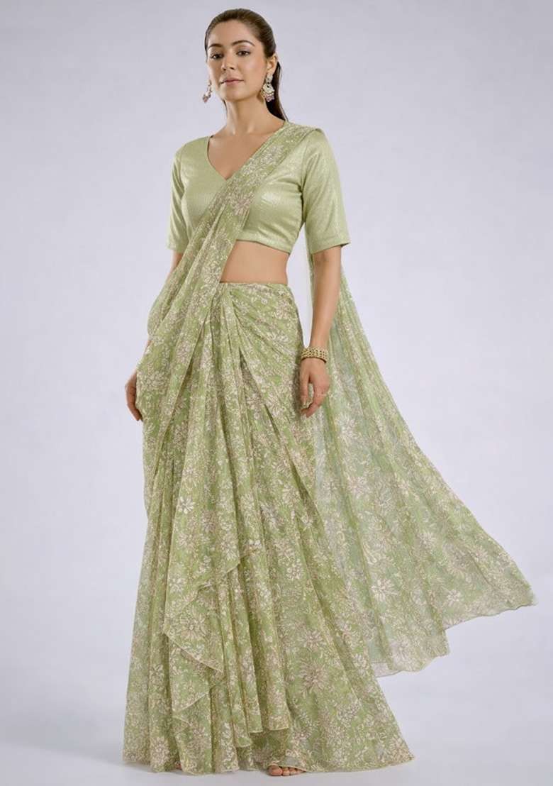 Sage Green Embroidered Tissue Pre Draped Saree Set - Indya