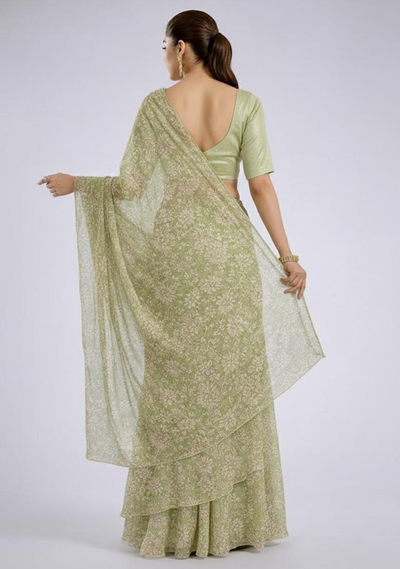 Sage Green Embroidered Tissue Pre Draped Saree Set - Indya