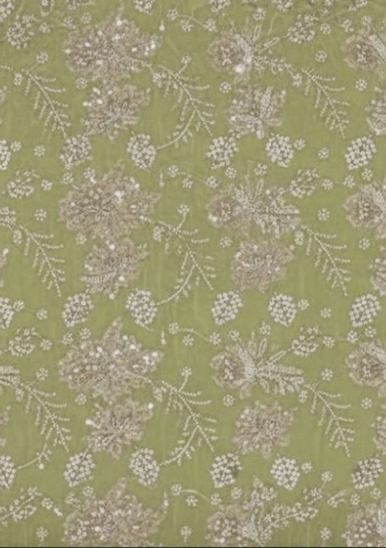 Sage Green Embroidered Tissue Pre Draped Saree Set - Indya