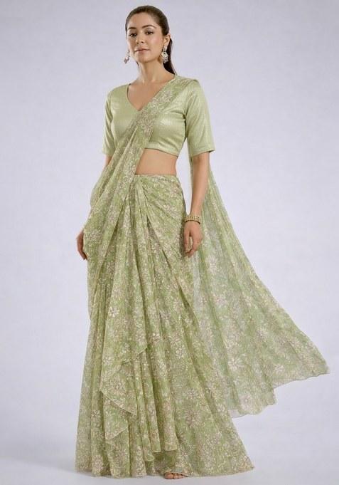 Sage Green Embroidered Tissue Pre Draped Saree Set