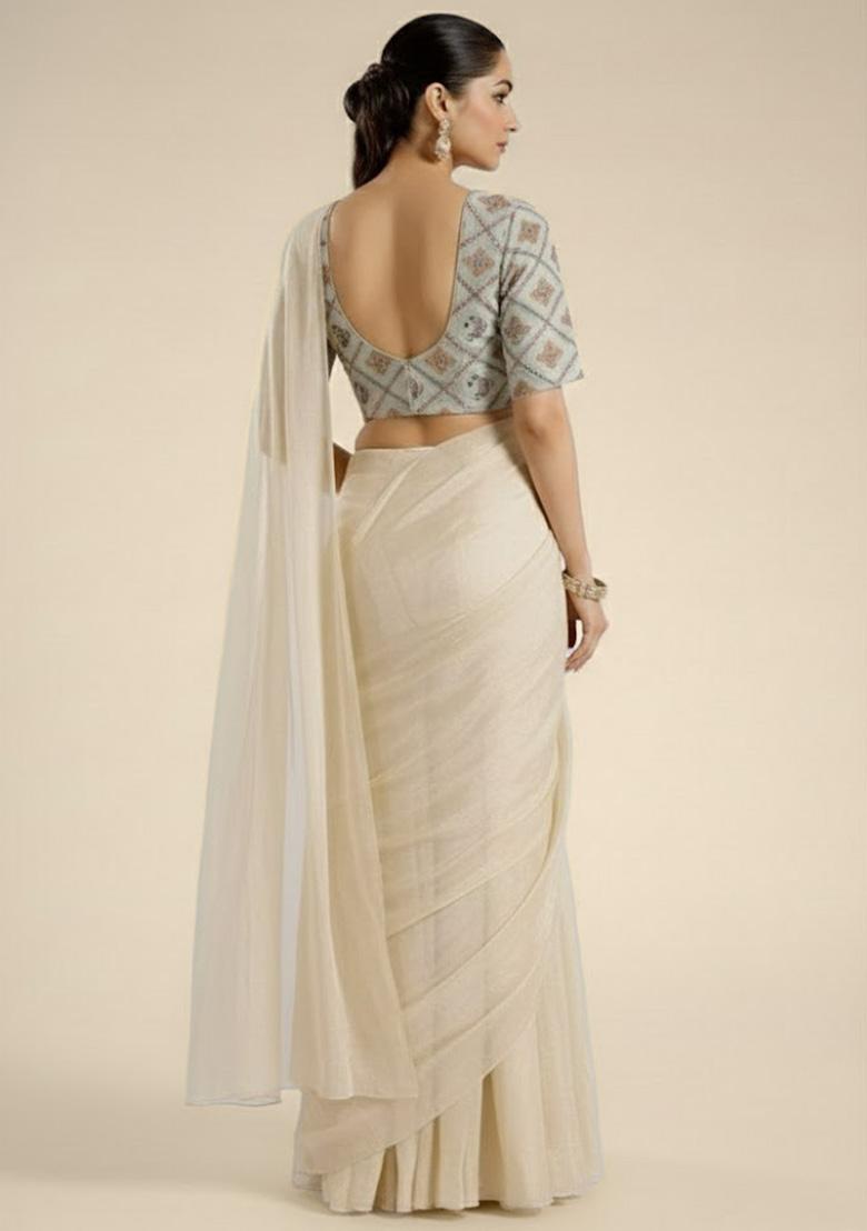 Cream Embroidered Tissue Pre Draped Saree Set - Indya