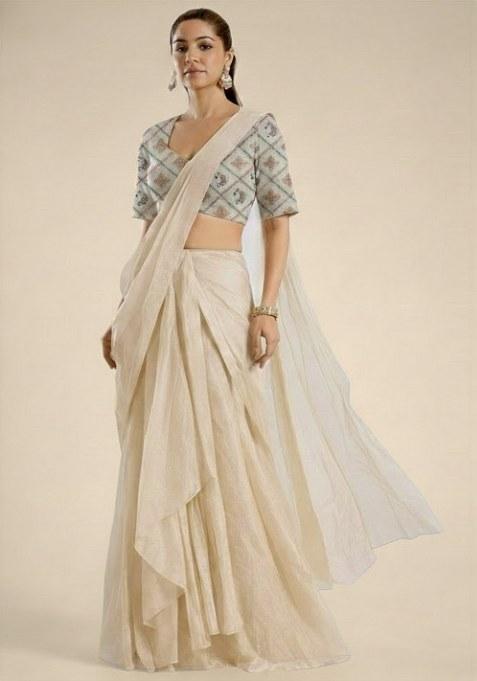 Cream Embroidered Tissue Pre Draped Saree Set