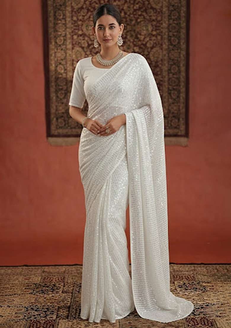 Ivory Sequin Georgette Pre Draped Saree Set - Indya