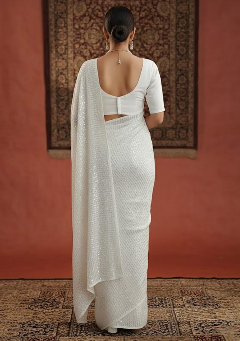 Ivory Sequin Georgette Pre Draped Saree Set - Indya