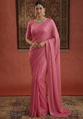 Pink Sequin Georgette Pre Draped Saree Set