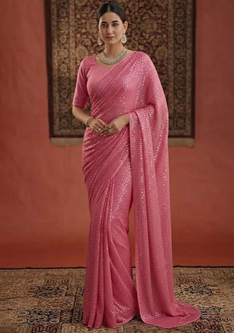 Pink Sequin Georgette Pre Draped Saree Set - Indya