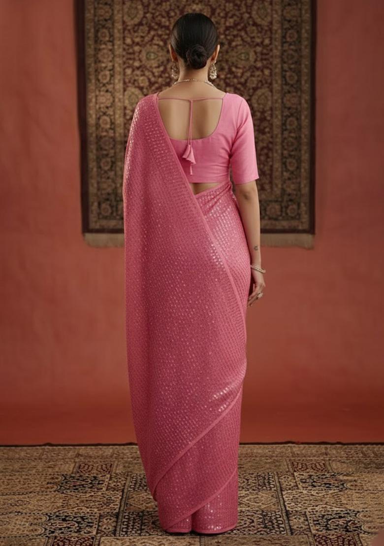 Pink Sequin Georgette Pre Draped Saree Set - Indya