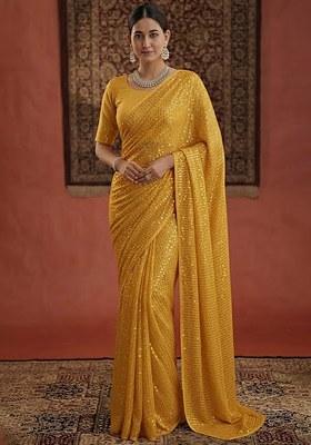 Yellow Sequin Georgette Pre Draped Saree Set