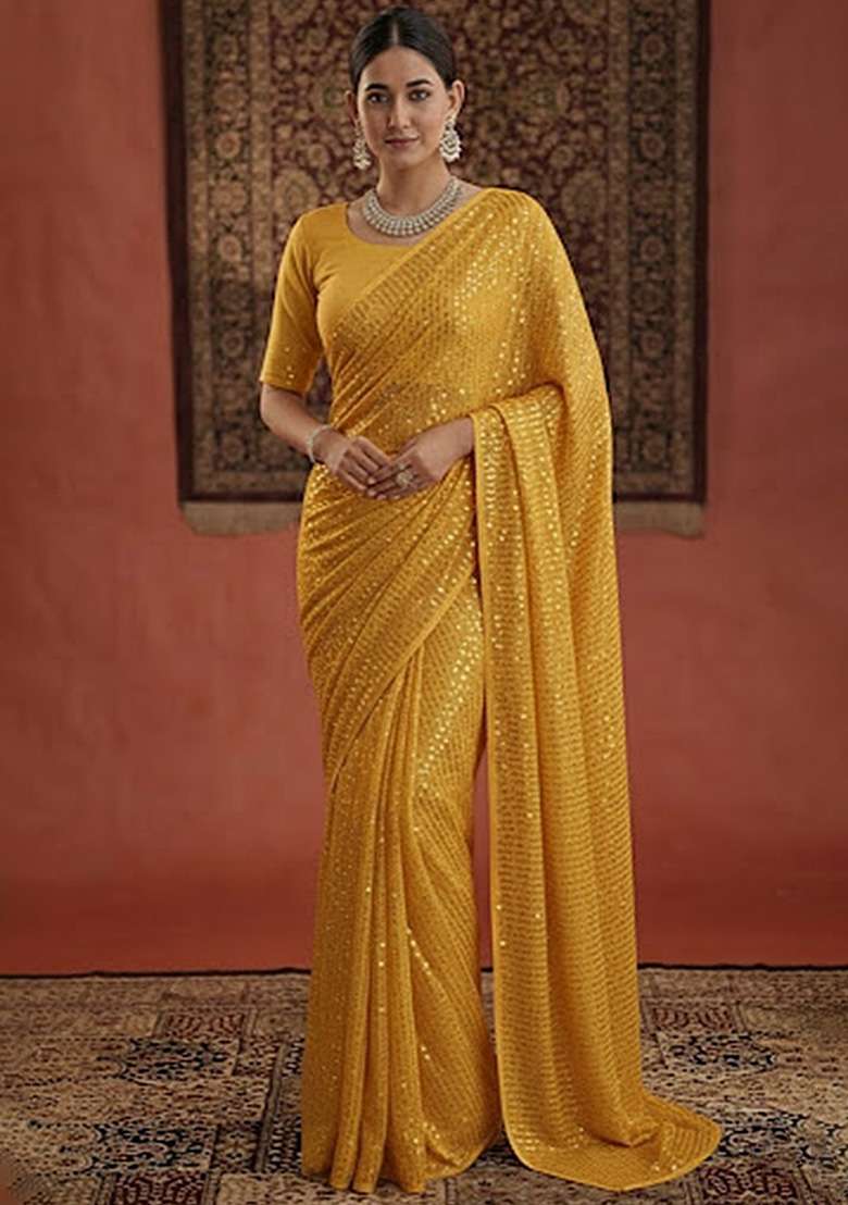 Yellow Sequin Georgette Pre Draped Saree Set - Indya