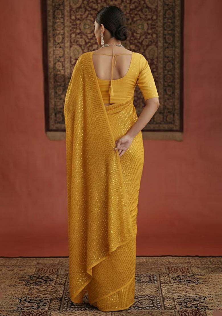 Yellow Sequin Georgette Pre Draped Saree Set - Indya