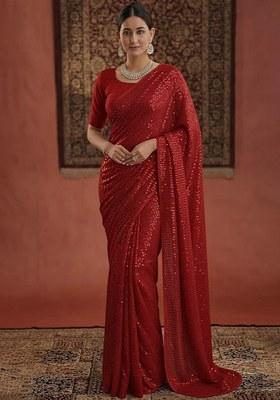 Red Sequin Georgette Pre Draped Saree Set