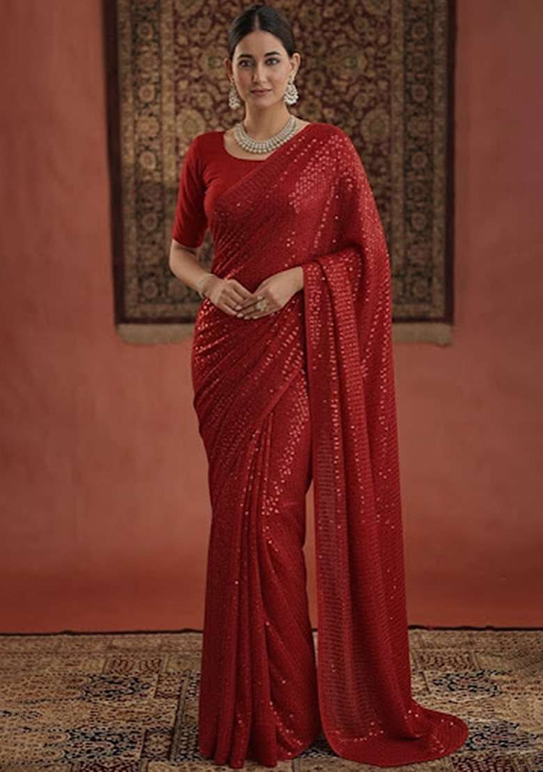 Red Sequin Georgette Pre Draped Saree Set - Indya