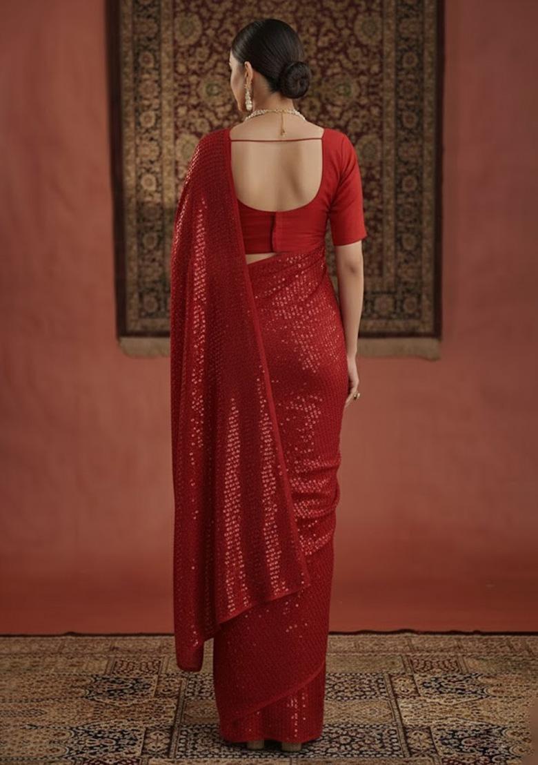 Red Sequin Georgette Pre Draped Saree Set - Indya