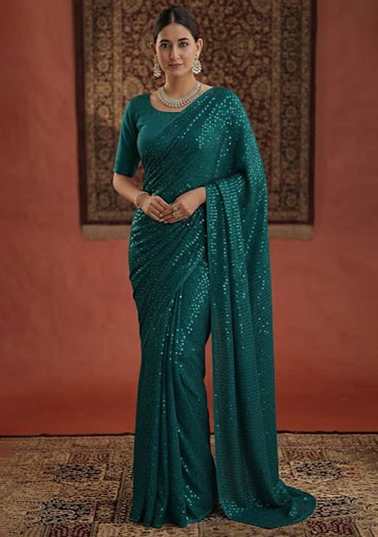 Teal Green Sequin Georgette Pre Draped Saree Set - Indya