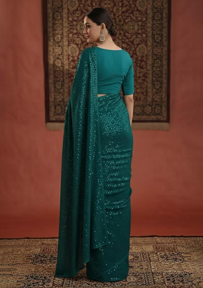 Teal Green Sequin Georgette Pre Draped Saree Set - Indya