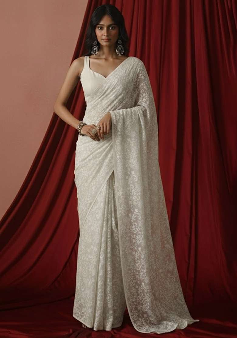 Off White Tissue Pre Draped Saree Set - Indya