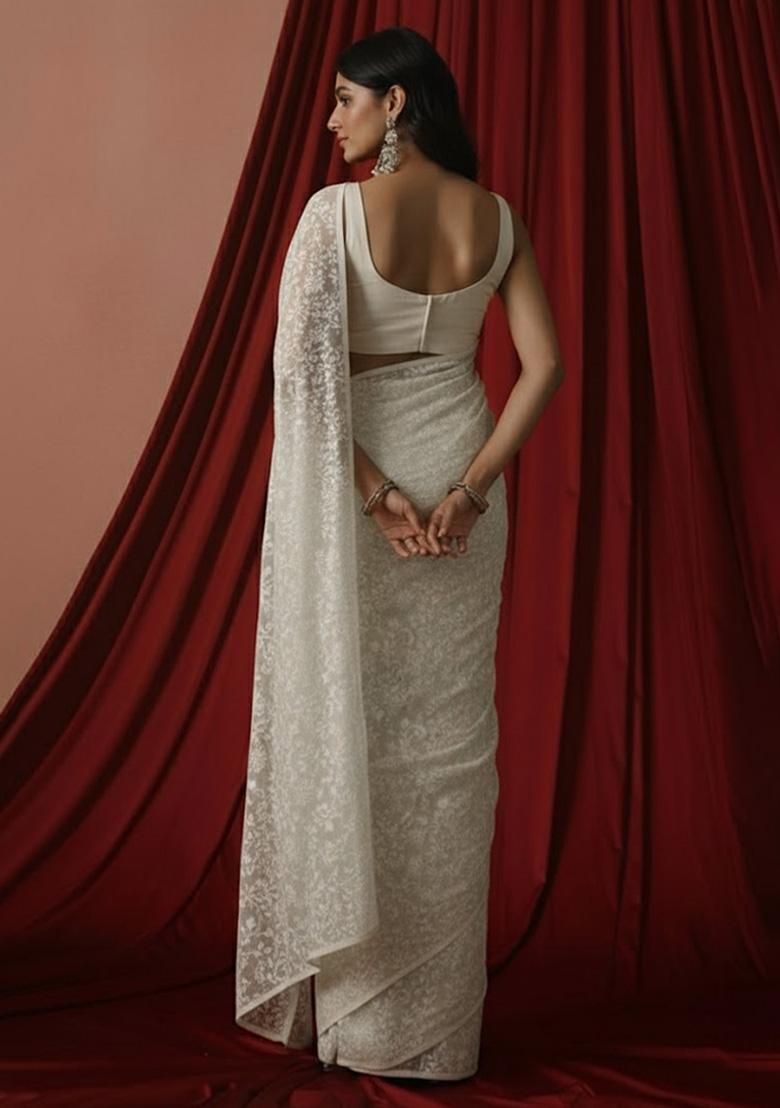Off White Tissue Pre Draped Saree Set - Indya