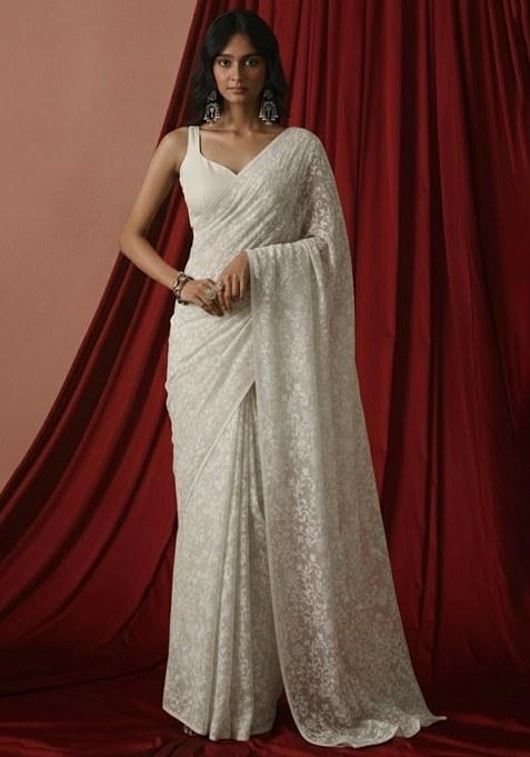 Off White Tissue Pre Draped Saree Set