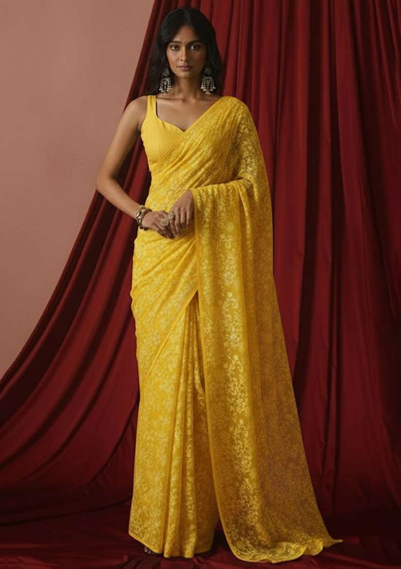 Yellow Tissue Pre Draped Saree Set - Indya