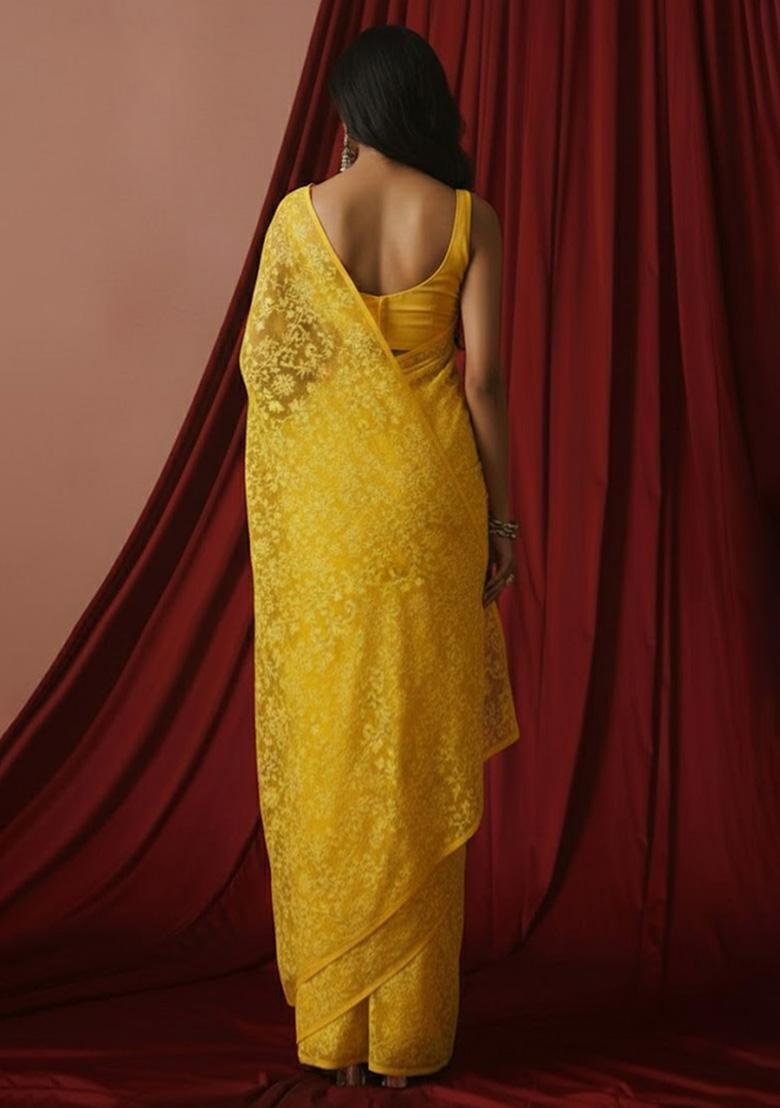 Yellow Tissue Pre Draped Saree Set - Indya