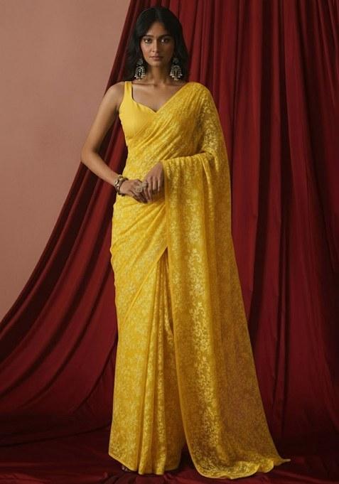 Yellow Tissue Pre Draped Saree Set