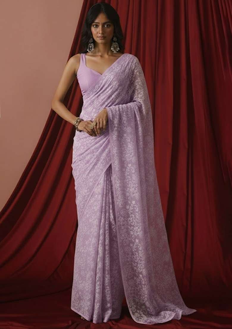 Lavender Tissue Pre Draped Saree Set - Indya