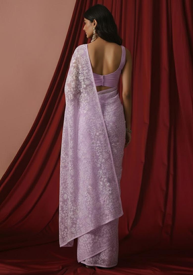 Lavender Tissue Pre Draped Saree Set - Indya