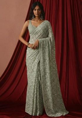 Sage Green Tissue Pre Draped Saree Set