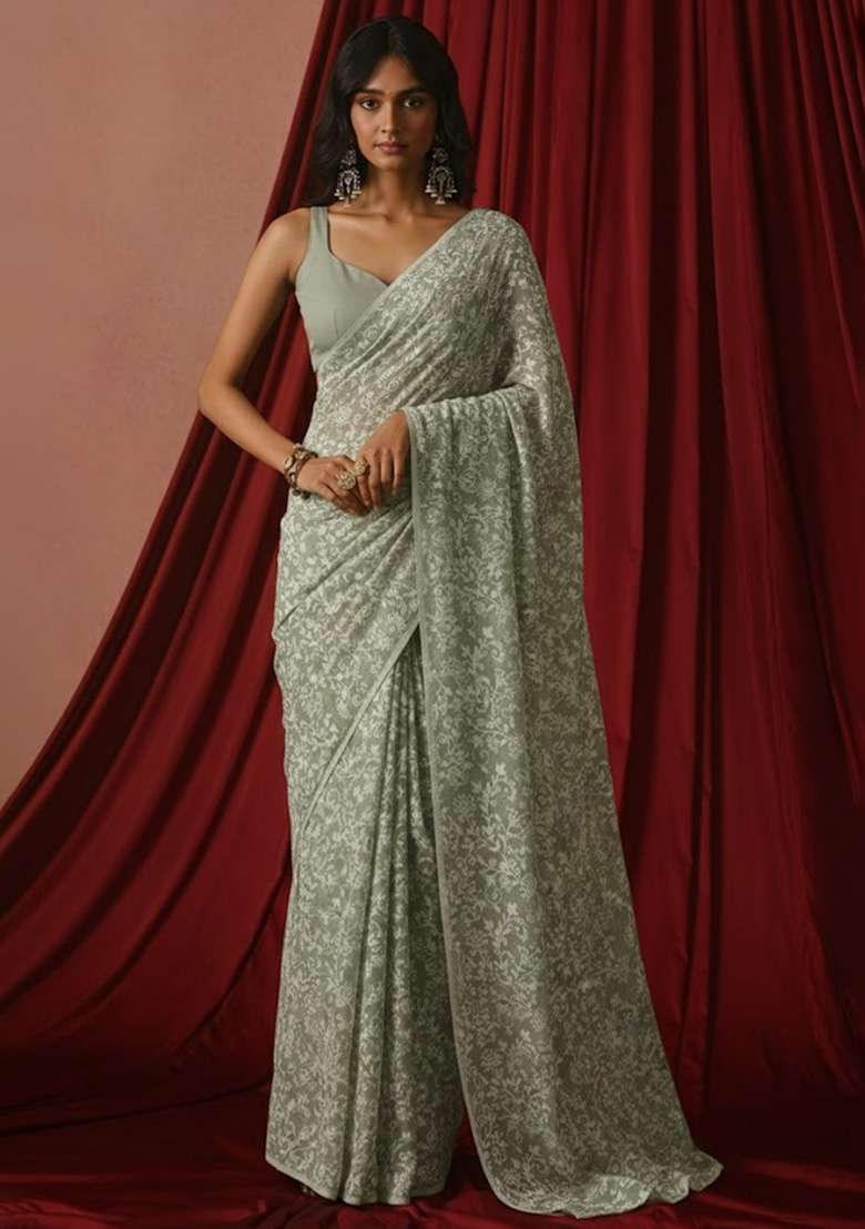 Sage Green Tissue Pre Draped Saree Set - Indya