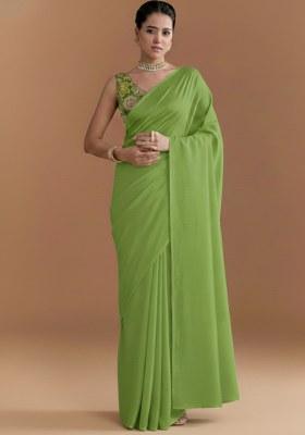 Leaf Green Embroidered Crepe Pre Draped Saree Set