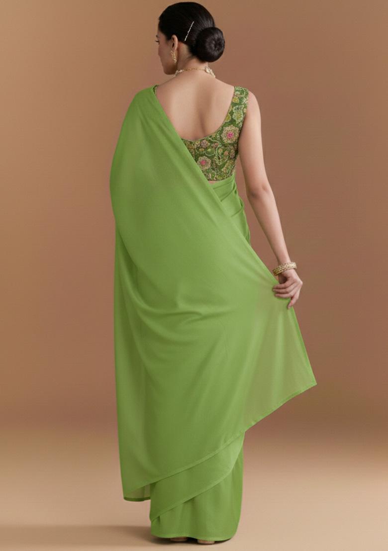 Leaf Green Embroidered Crepe Pre Draped Saree Set - Indya