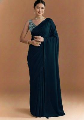 Dark Green Embroidered Crepe Pre Draped Saree Set
