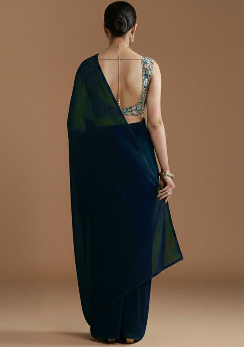 Dark Green Embroidered Crepe Pre Draped Saree Set - Indya
