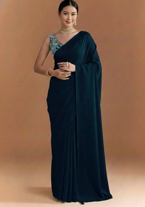 Dark Green Embroidered Crepe Pre Draped Saree Set