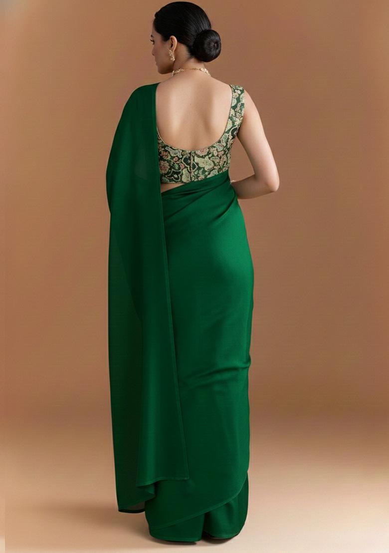 Dark Green Embroidered Crepe Pre Draped Saree Set - Indya