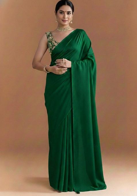 Dark Green Embroidered Crepe Pre Draped Saree Set