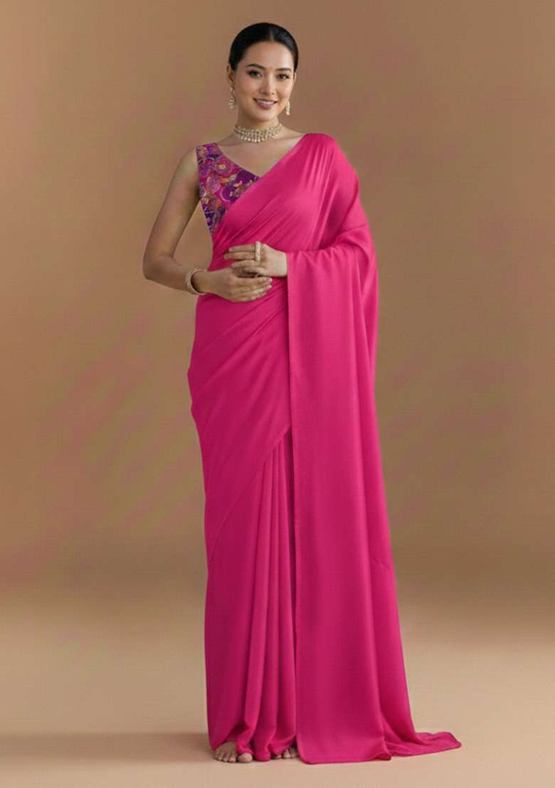 Rani Pink Crepe Pre Draped Saree Set with Embroidered for Diwali | Wedding & Festive Wear - Indya