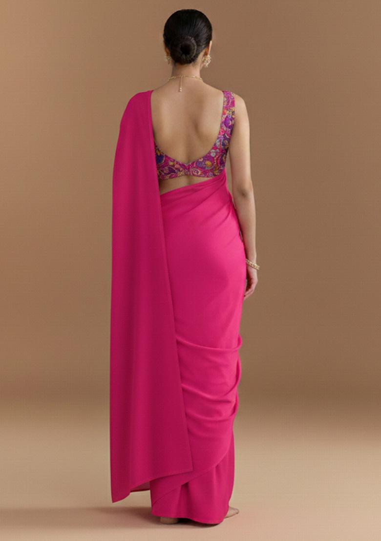 Rani Pink Embroidered Crepe Pre Draped Saree Set - Indya