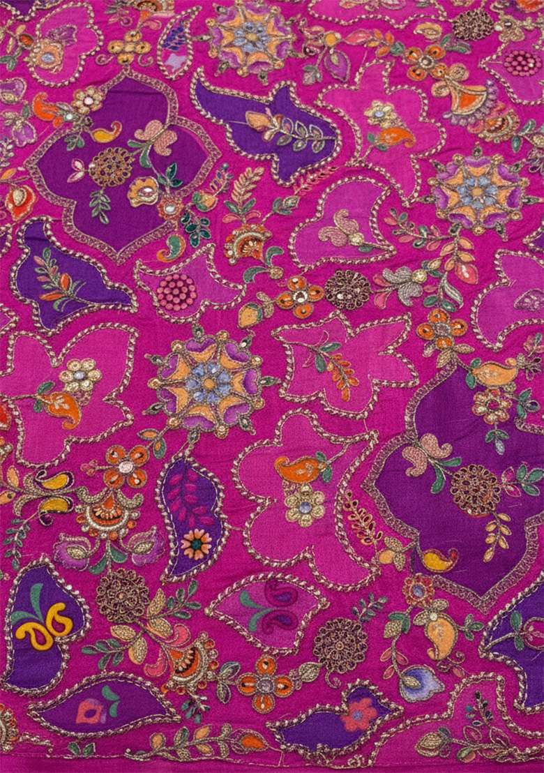 Rani Pink Crepe Pre Draped Saree Set with Embroidered for Diwali | Wedding & Festive Wear - Indya